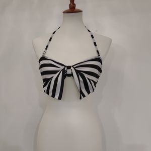 Black and white stripe bow front bikini top